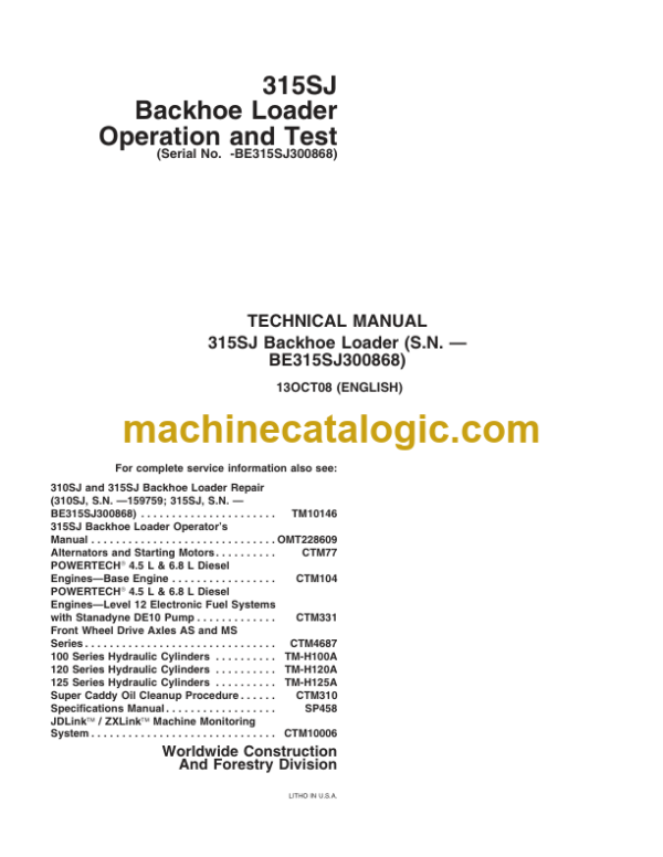 John Deere 315SJ Backhoe Loader Operation and Test Technical Manual Serial No-BE315SJ300868