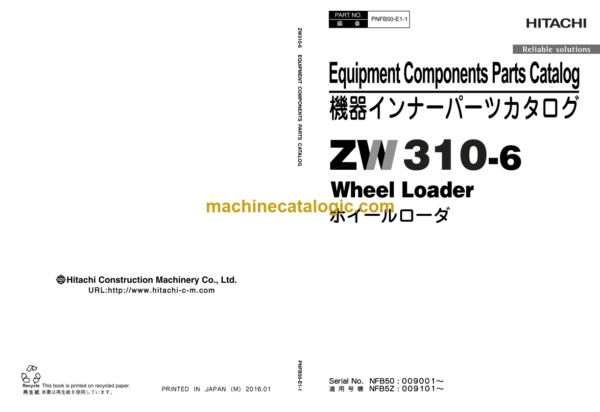 Hitachi ZW310-6 Wheel Loader Equipment Components Parts Catalog (PNFB50-E1-1)