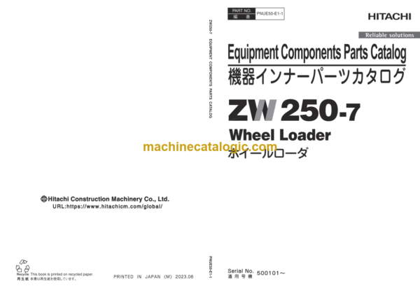 Hitachi ZW250-7 Wheel Loader Equipment Components Parts Catalog