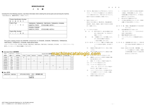 Hitachi ZV550W 550WL 650W TMR55KDS TMR65KDS TMR75KDS TSR65KDS Walk-behind Roller Engine Parts Catalog