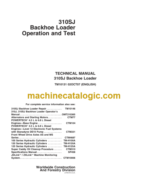 John Deere 310SJ Backhoe Loader Operation and Test Technical Manual TM10131 02OCT07