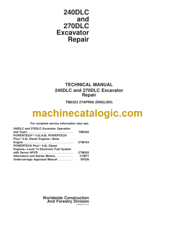 John Deere 240DLC and 270DLC Excavator Repair Technical Manual