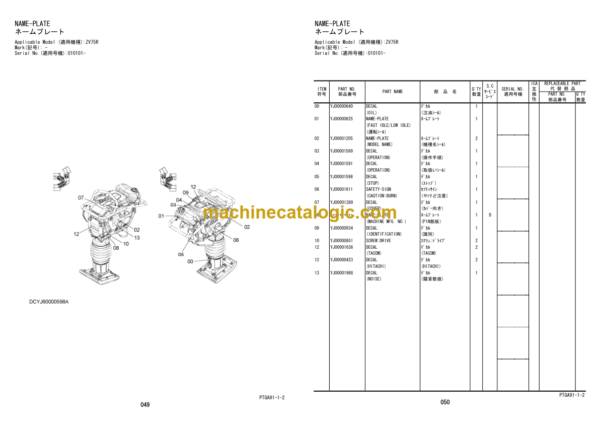 Hitachi ZV55R 55RLS 65R 65RLS 75R 75RLS 85R Vibratory Rammer Parts Catalog