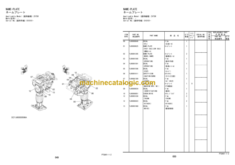 Hitachi ZV55R 55RLS 65R 65RLS 75R 75RLS 85R Vibratory Rammer Parts Catalog