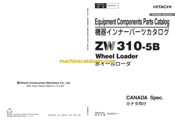 Hitachi ZW310-5B Wheel Loader Equipment Components Parts Catalog (PNFA60-E1-1)