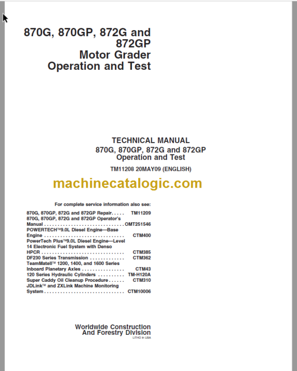 John Deere 870G 870GP 872G and 872GP Motor Grader Operation and Test ...