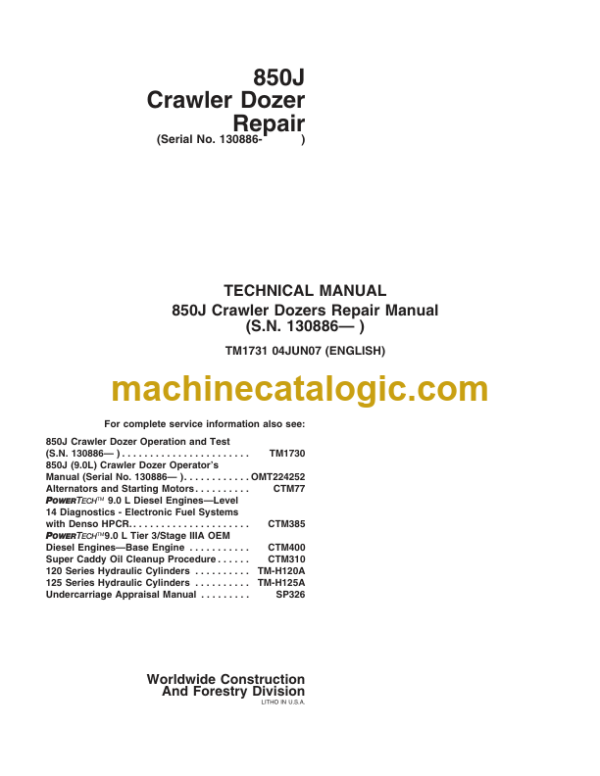 John Deere 850J Crawler Dozers Repair Technical Manual