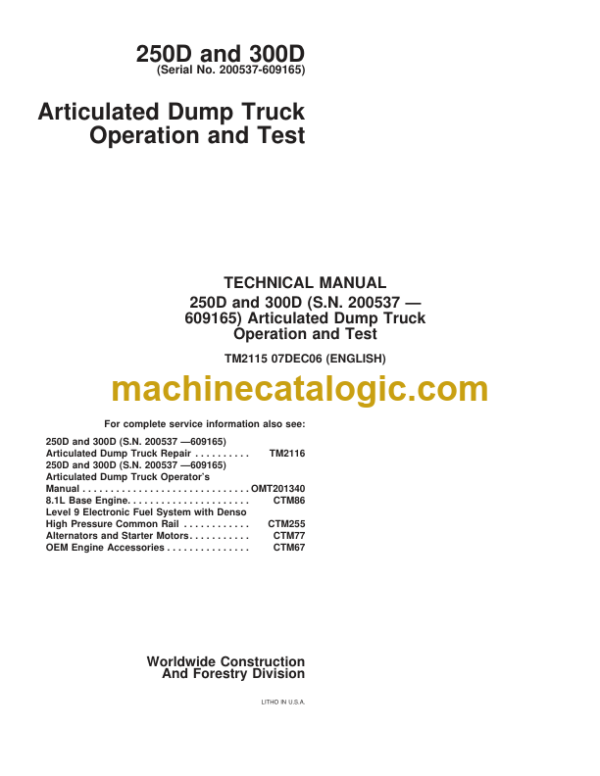 John Deere 250D and 300D (SN 200537-609165) Articulated Dump Truck Operation and Test Technical Manual