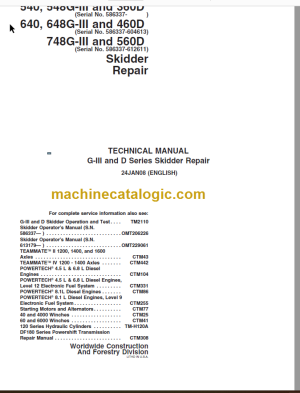 John Deere G-III and D Series Skidder Repair Technical Manual