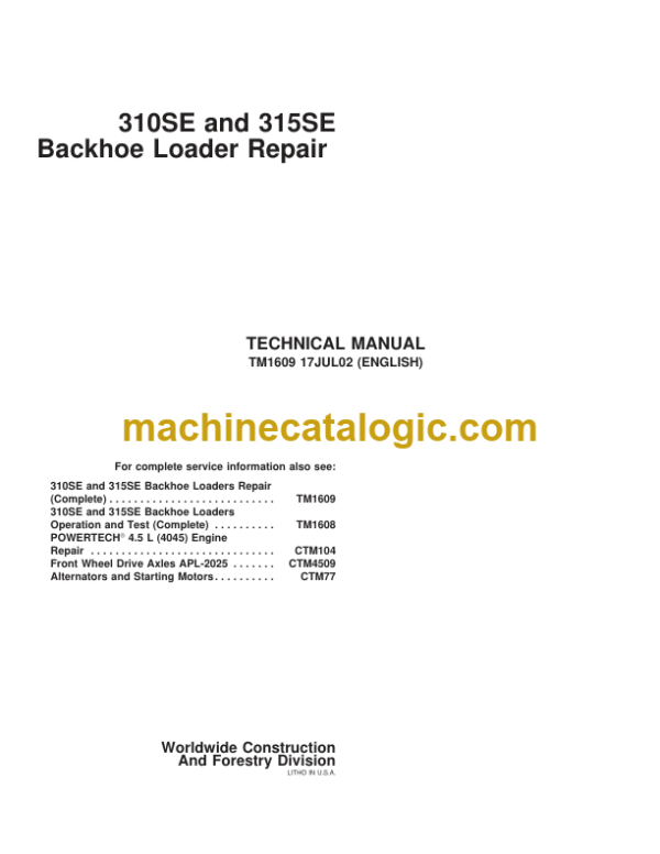 John Deere 310SE and 315SE Backhoe Loader Repair Technical Manual