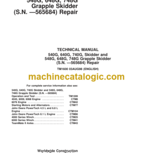 John Deere 540G 640G 740G 548G 648G 748G Skidder Repair Technical Manual