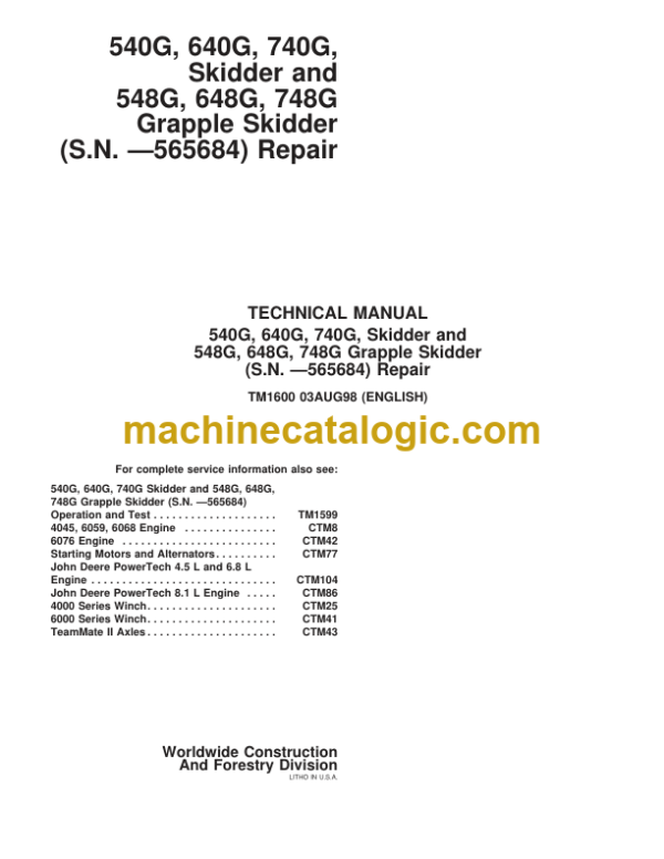 John Deere 540G 640G 740G 548G 648G 748G Skidder Repair Technical Manual