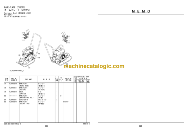 Hitachi ZV40PFL 40PF 50PF 60PFL 60PF 60PS 80P 80PI Vibratory Plate Parts Catalog