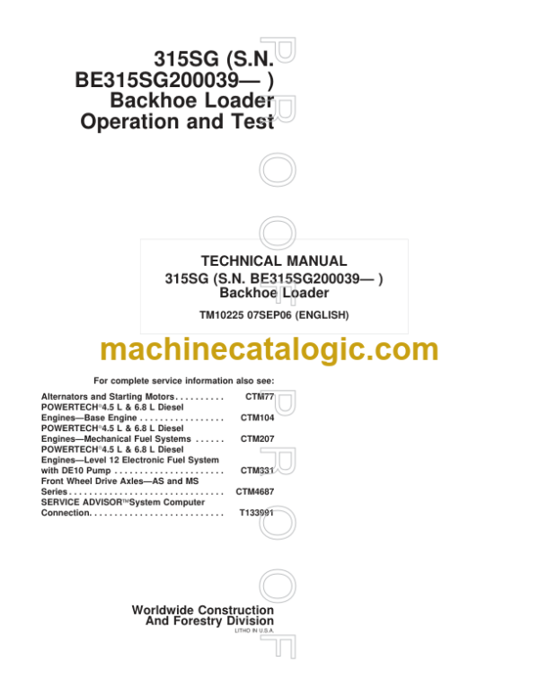 John Deere 315SG Backhoe Loader Operation and Test Technical Manual