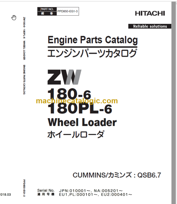 Hitachi ZW180-6 180PL-6 Wheel Loader Engine Parts Catalog