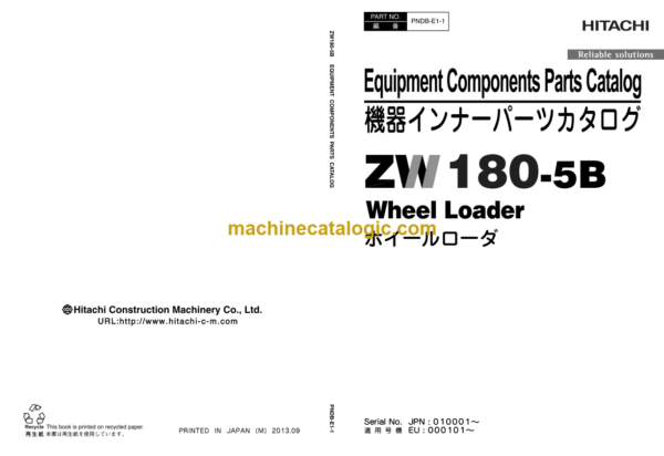 Hitachi ZW180-5B Wheel Loader Equipment Components Parts Catalog