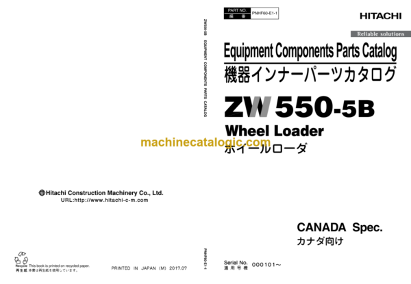 Hitachi ZW550-5B Wheel Loader Equipment Components Parts Catalog (PNHFE-60-E1-1)