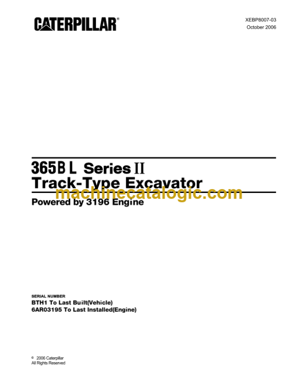 Caterpillar 365B L Series II Track Type Excavator Parts Manual