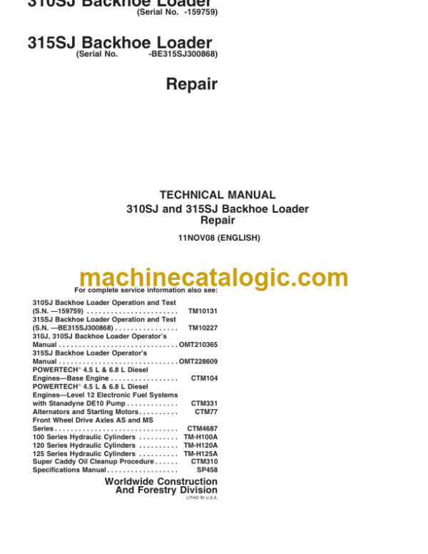 John Deere 310SJ and 315SJ Backhoe Loader Repair Technical Manual