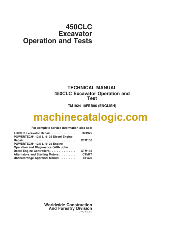 John Deere 450CLC Excavator Operation and Test Technical Manual