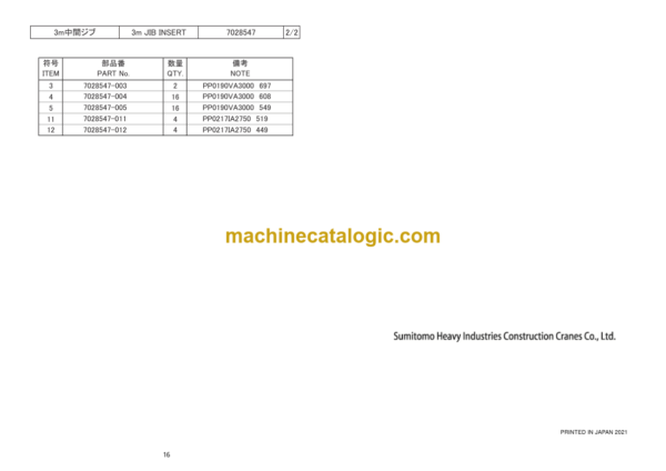 Hitachi Sumitomo SCX400 Bracing List