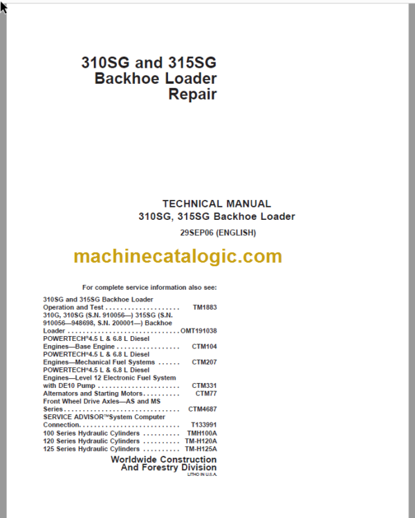 John Deere 310SG 315SG Backhoe Loader Repair Technical Manual