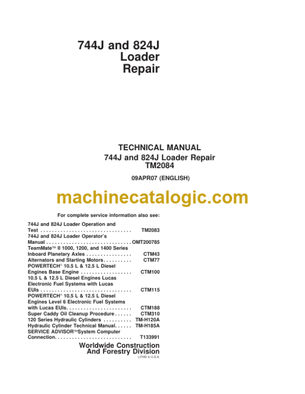 John Deere 744J and 824J Loader Repair Technical Manual