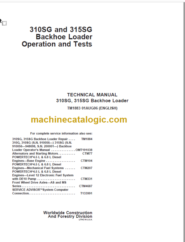 JOHN DEERE 310SG 315SG Backhoe Loader Technical Manual