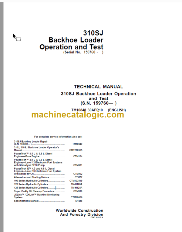 John Deere 310SJ Backhoe Loader Operation and Test Technical Manual