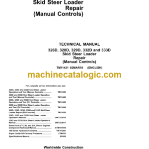 John Deere 326D 328D 329D 332D and 333D Skid Steer Loader Repair (Manual Controls) Technical Manual