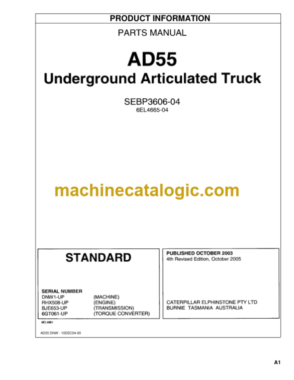 Caterpillar AD55 Underground Articulated Truck Parts Manual (6EL4665-04)