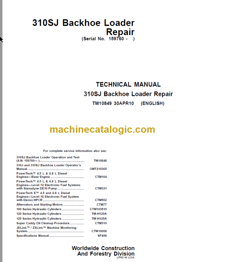 JOHN DEERE 310SJ Backhoe Loader Repair Technical Manual