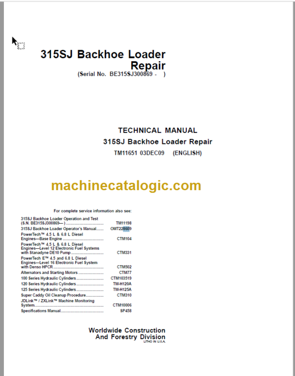 John Deere 315SJ Backhoe Loader Repair Technical Manual