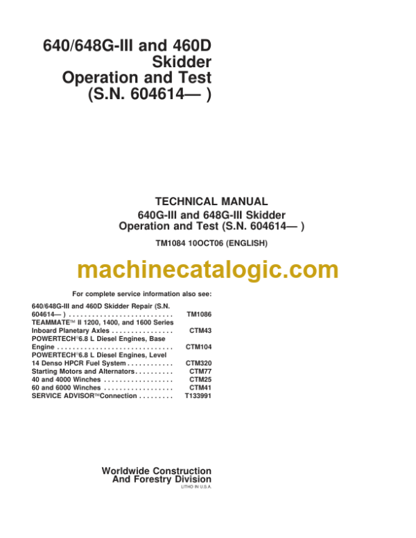 John Deere 640G-III and 648G-III Skidder Operation and Test Technical Manual