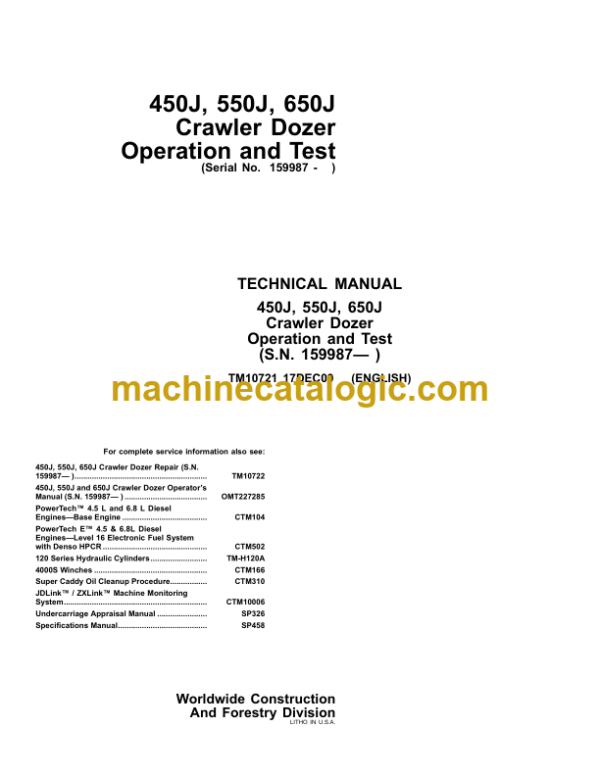 John Deere 450J 550J 650J Crawler Dozer Operation and Test Technical Manual (S.N. 159987— )