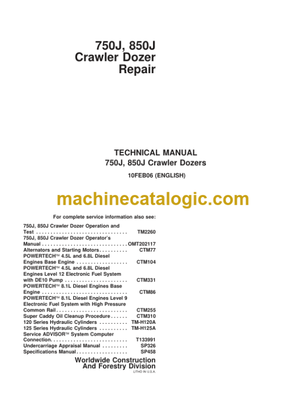 John Deere 750J 850J Crawler Dozers Repair Technical Manual
