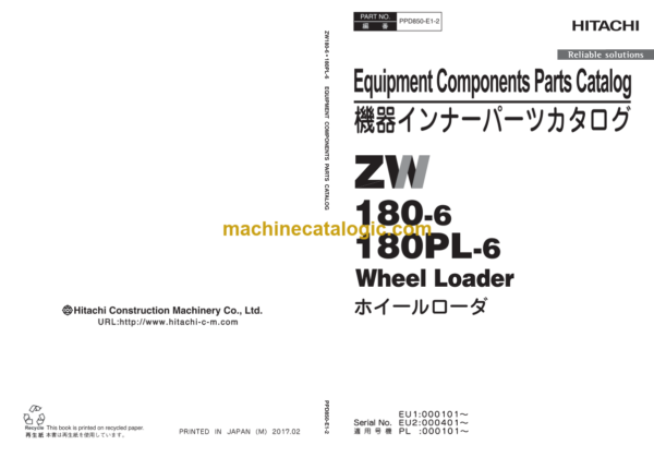 Hitachi ZW180-6 ZW180PL-6 Wheel Loader Equipment Parts Catalog