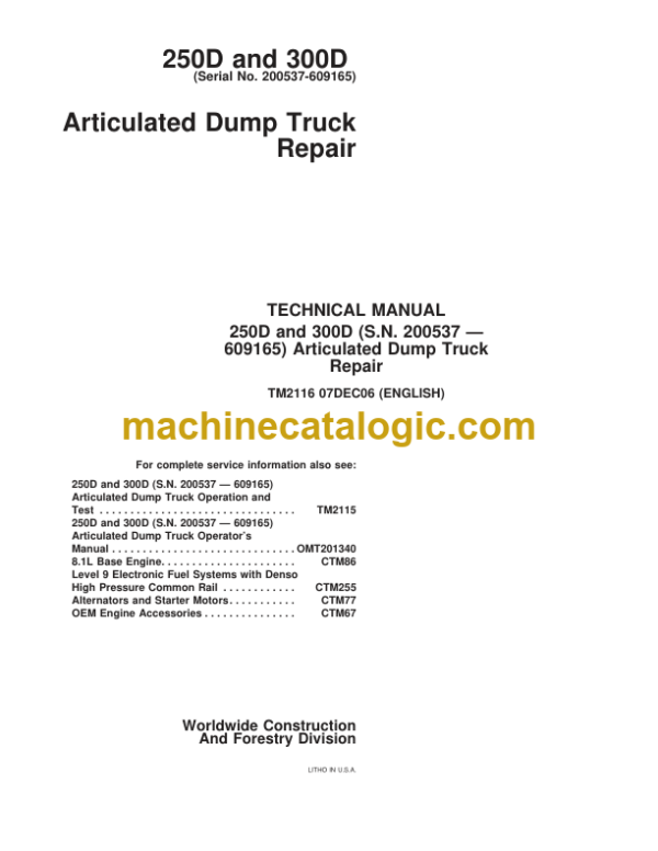 John Deere 250D and 300D Articulated Dump Truck Repair Technical Manual