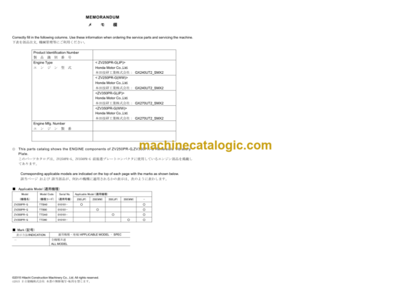 Hitachi ZV250PR-G 350PR-G Reversible Vibratory Plate Engine Parts Catalog