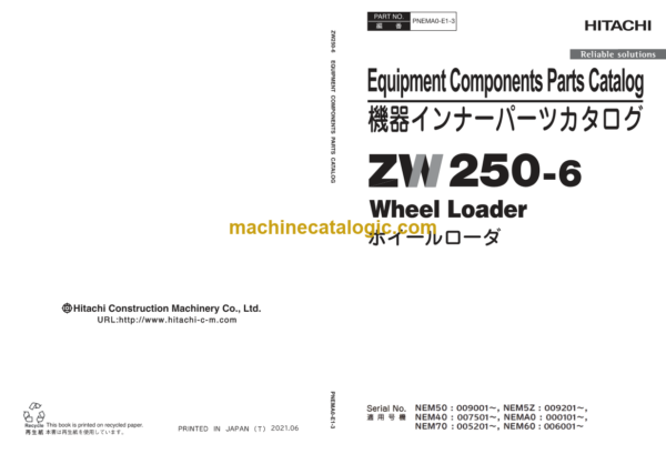 Hitachi ZW250-6 Wheel Loader Equipment Components Parts Catalog