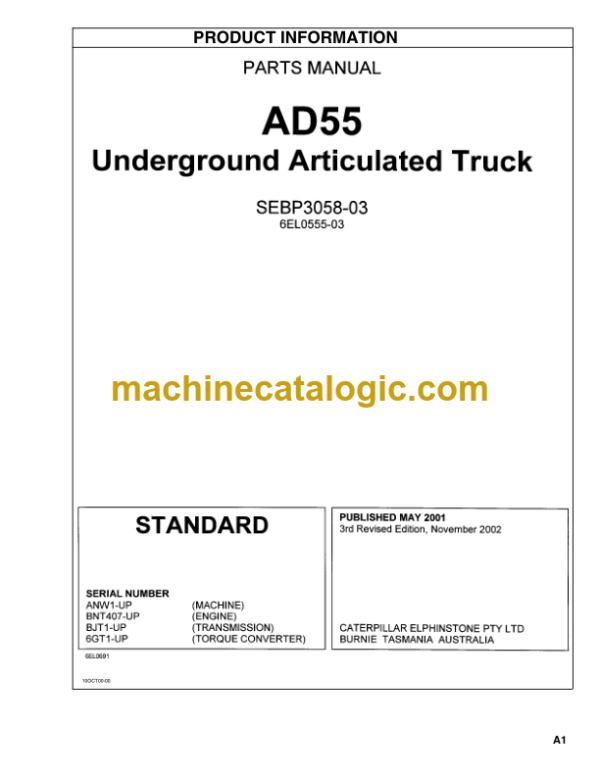 Caterpillar AD55 Underground Articulated Truck Parts Manual