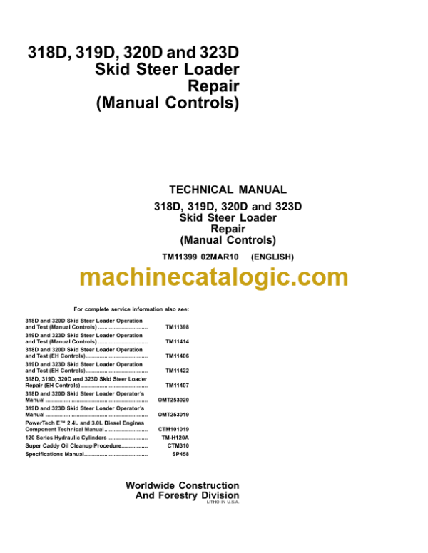 John Deere 318D 319D 320D and 323D Skid Steer Loader Repair Technical Manual