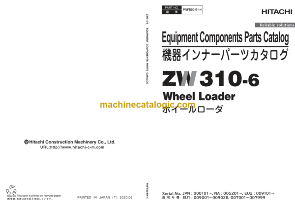 Hitachi ZW310-6 Wheel Loader Equipment Components Parts Catalog