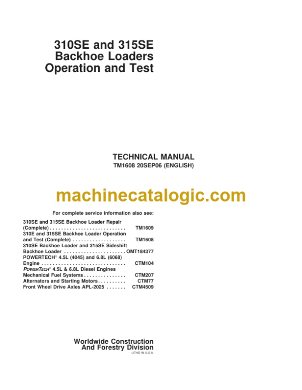 John Deere 310SE and 315SE Backhoe Loaders Operation and Test Technical Manual