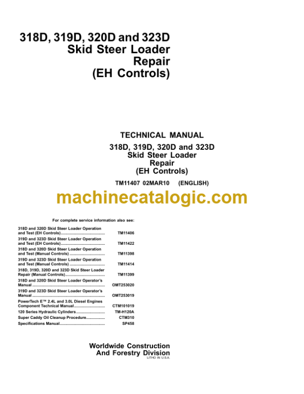 John Deere 318D 319D 320D and 323D Skid Steer Loader Repair (EH Controls) Technical Manual