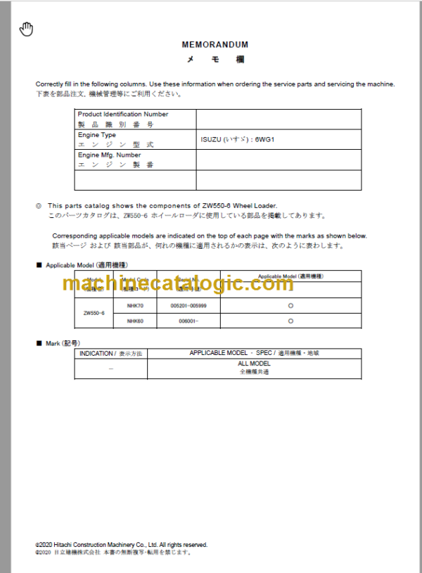 Hitachi ZW550-6 Wheel Loader (6WG1) Parts Catalog