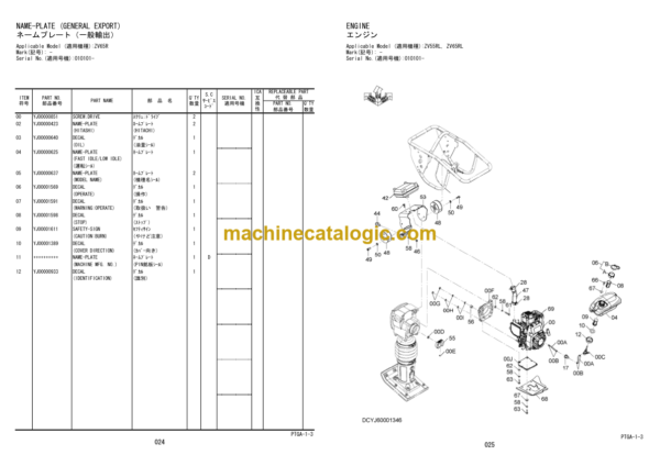 Hitachi ZV55R 55RL 65R 65RL 75R 85R Vibratory Roller Parts Catalog