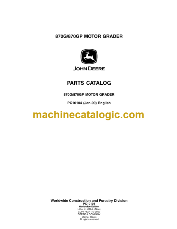 John Deere 870G 870GP MOTOR GRADER Parts Catalog