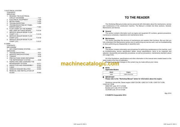 Kubota KX060-5 U56-5 V2607-CR-E5-BH1 V2607-CR-E5-BH2 Diesel Engine Diagnosis Manual