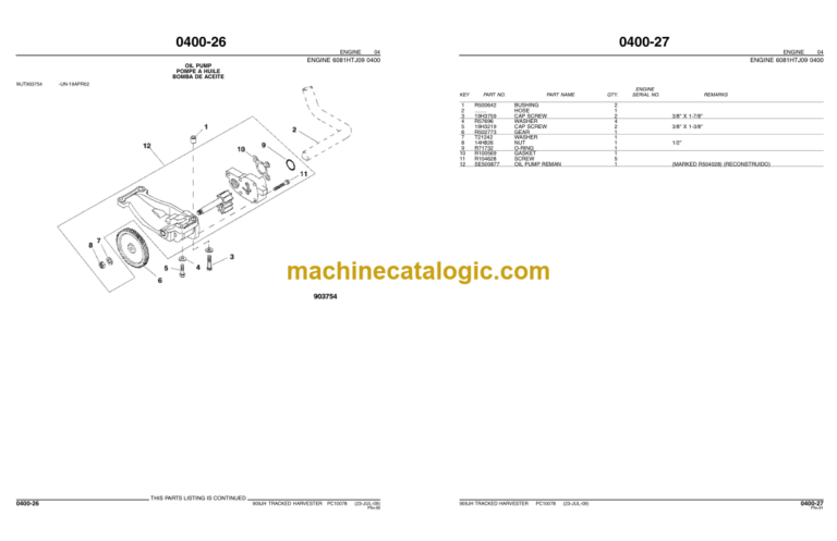 John Deere 909JH TRACKED HARVESTER Parts Catalog